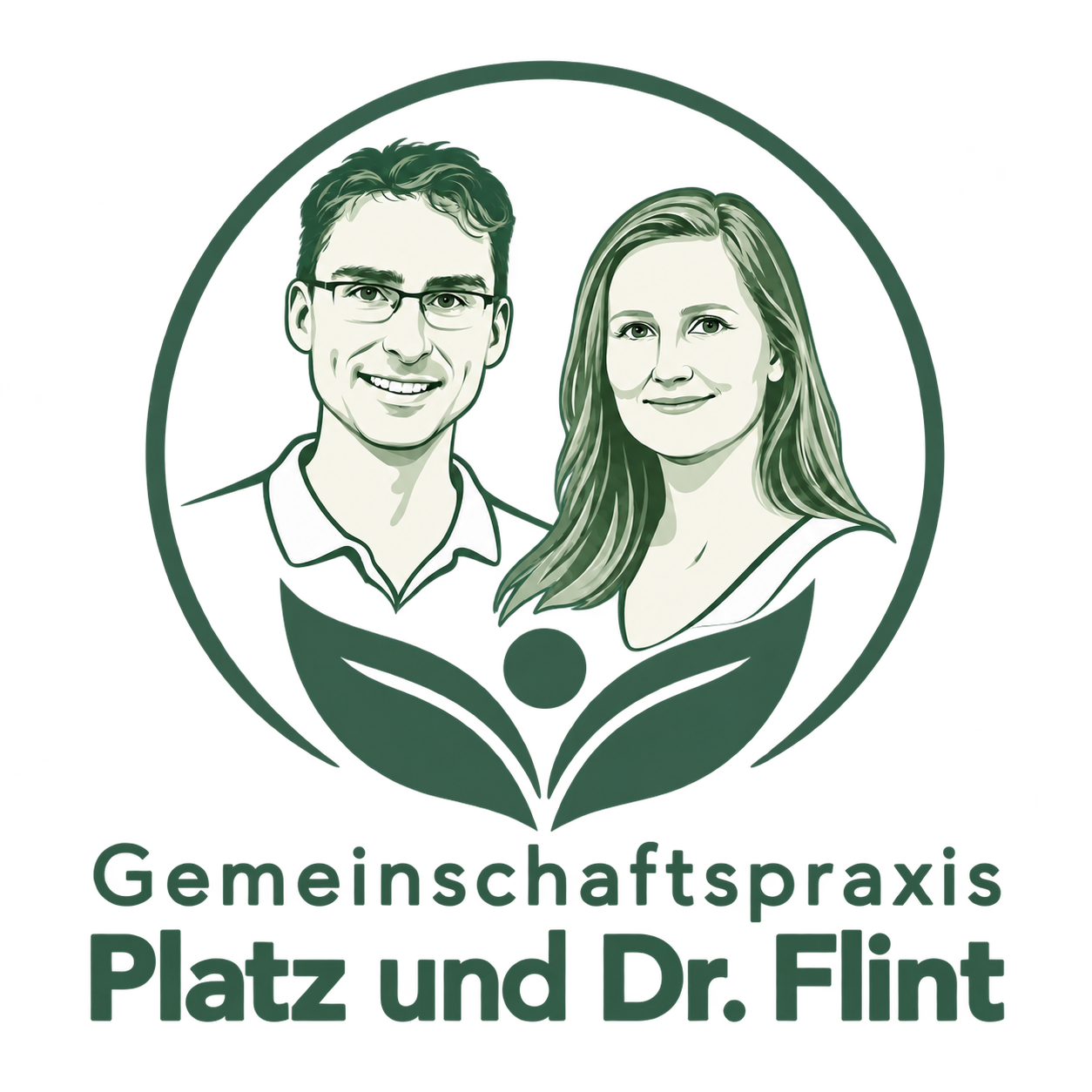 Logo der Gemeinschaftspraxis Platz und Dr. Flint mit gezeichneten Porträts